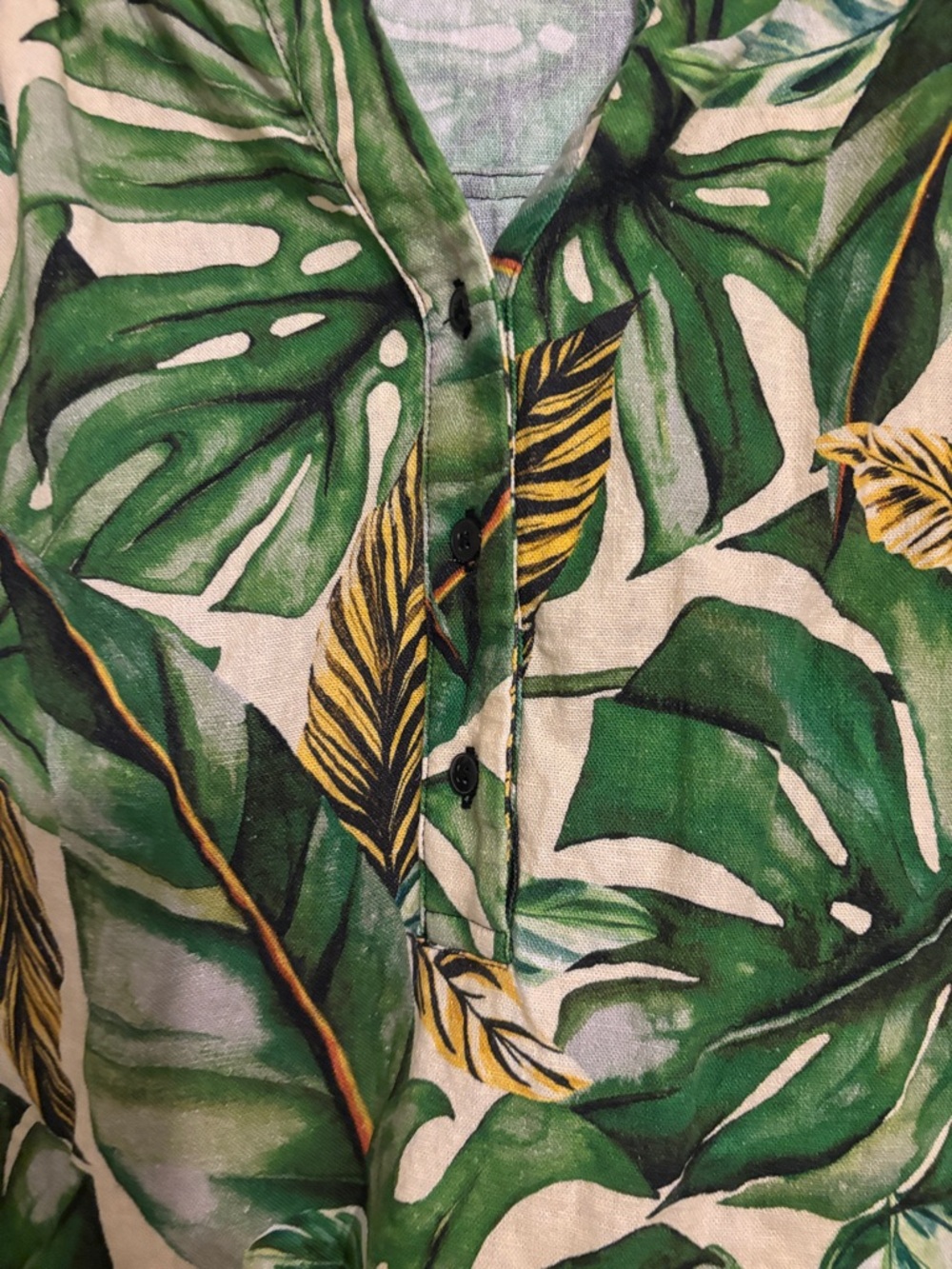 Rachel RayMonaco Green and Yellow Tropical Leaf Print Linen Blouse Women large - Picture 3 of 6